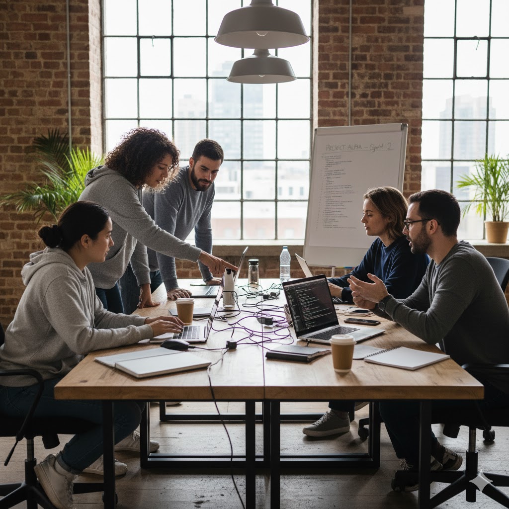 Illustration of the Babbrain team working on a project